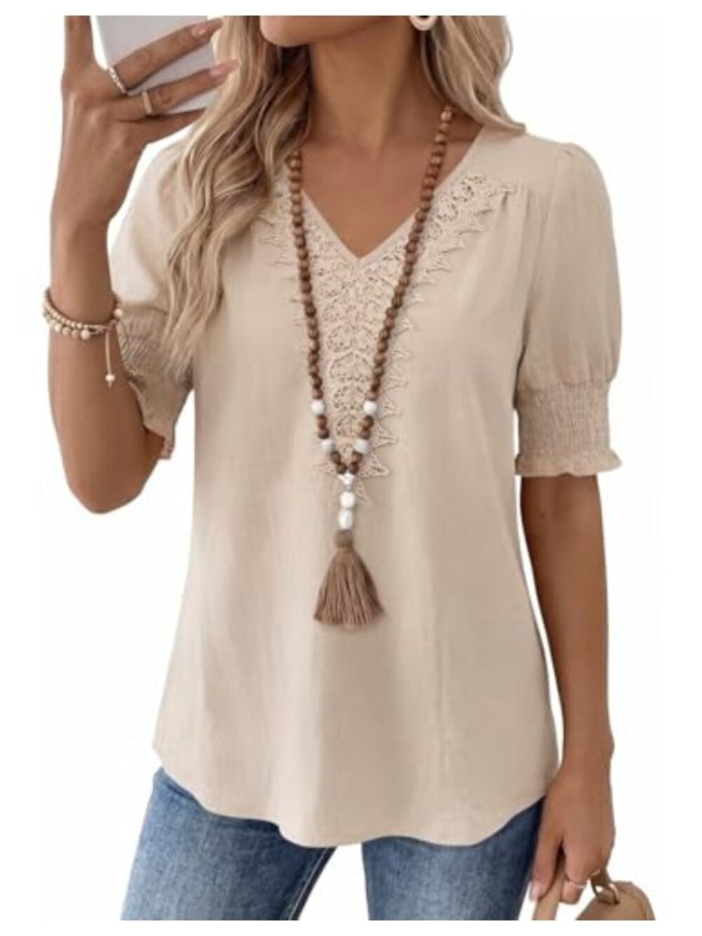 Boho Women's Blouse V-Neck Lace Short Sleeve Summer Top Peasant Tunic